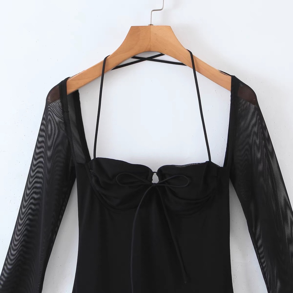 Đầm body đen thun phối lưới trễ vai kèm ảnh thật