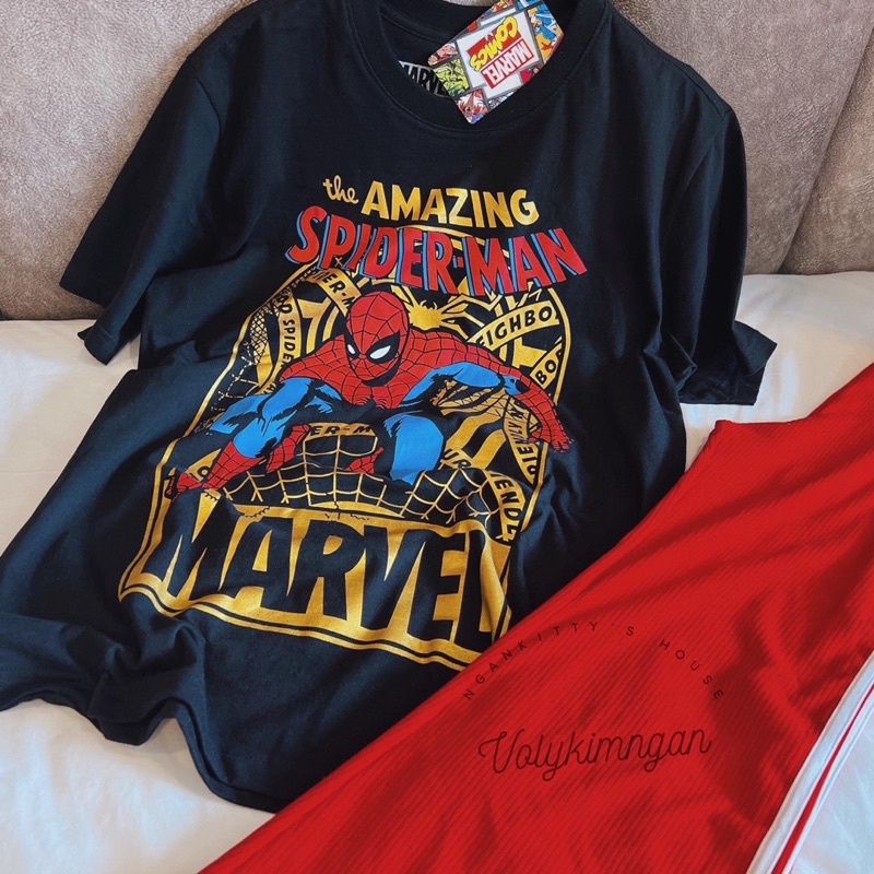 Set quần ống rộng phối viền kèm áo thun cotton spider man