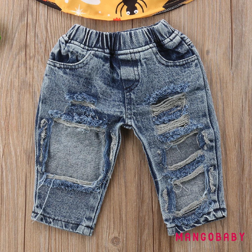 Bộ Áo Denim Hở Vai + Quần Rách Cho Bé Gái