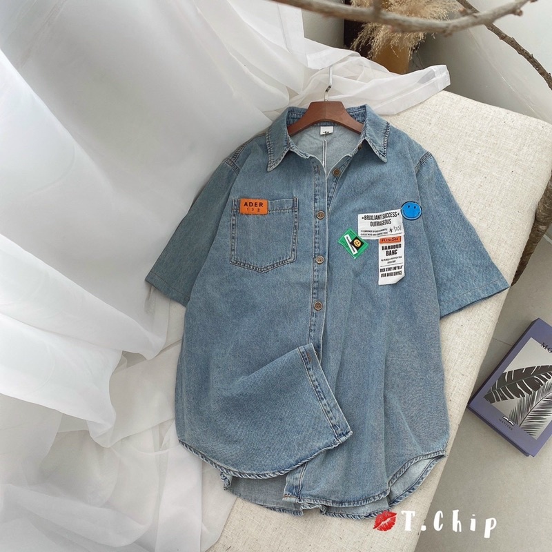 Áo sơ mi bò logo cộc tay xanh 120