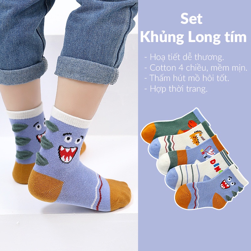 Set 5 Đôi Vớ Tất Cao Cổ Cho Bé Từ 1 - 12 Tuổi Chất Liệu Cotton Cao Cấp Co Giãn Tốt, Thoáng Khí, Hoạ Tiết Ngộ Nghĩnh