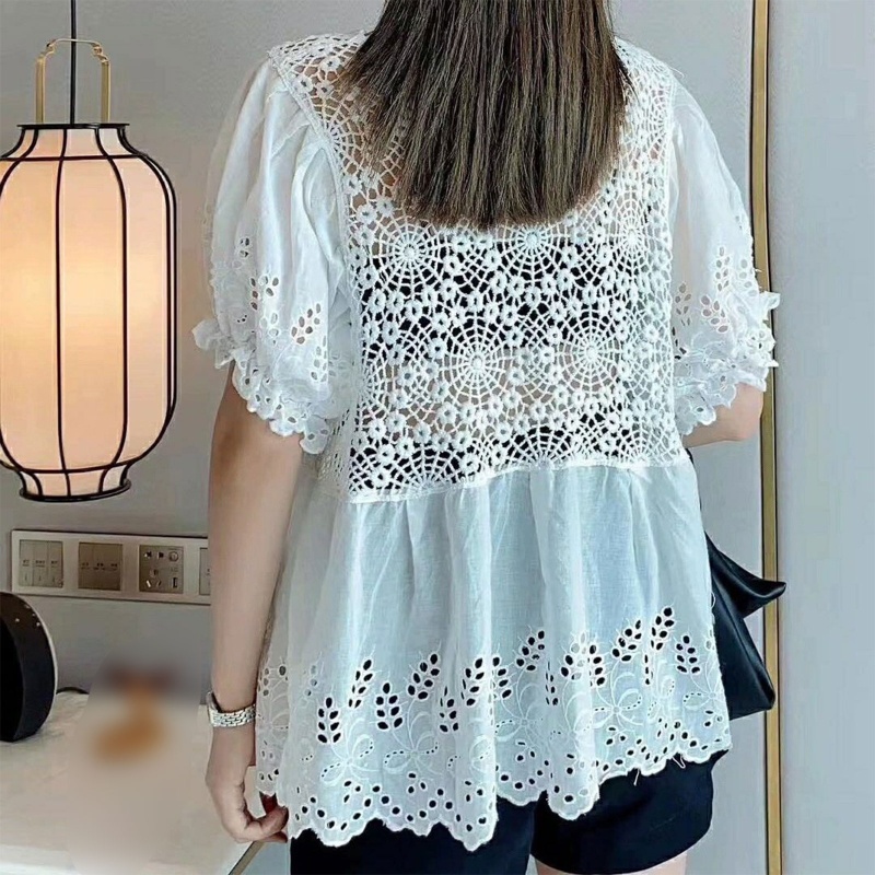 Brroa Áo Sơ Mi Tay Ngắn Phồng Phối Ren Thêu Họa Tiết Xinh Xắn Thời Trang Cho Nữ