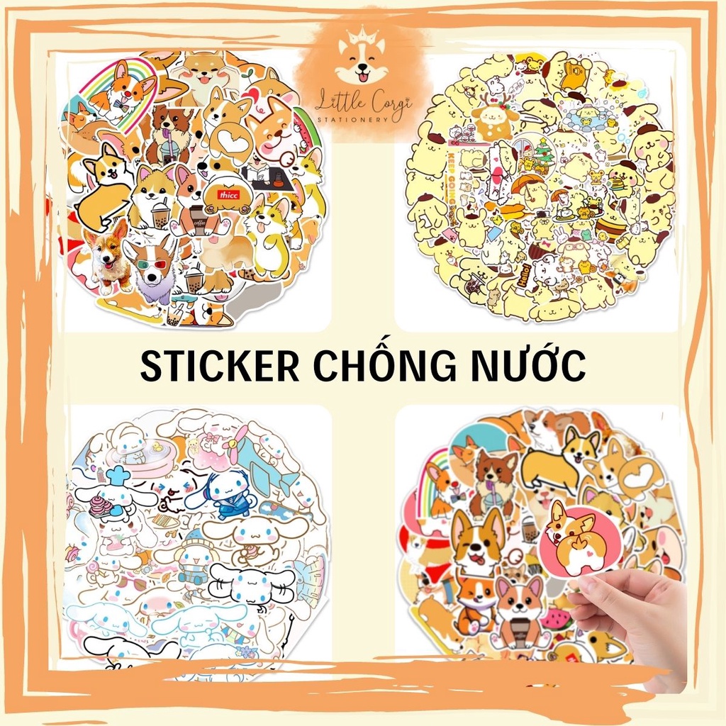 Set 20 sticker hình dán chó Corgi, Yugui, Pudding chống nước dán sổ tay, mũ bảo hiểm, xe máy, bình nước, vali, ván trượ