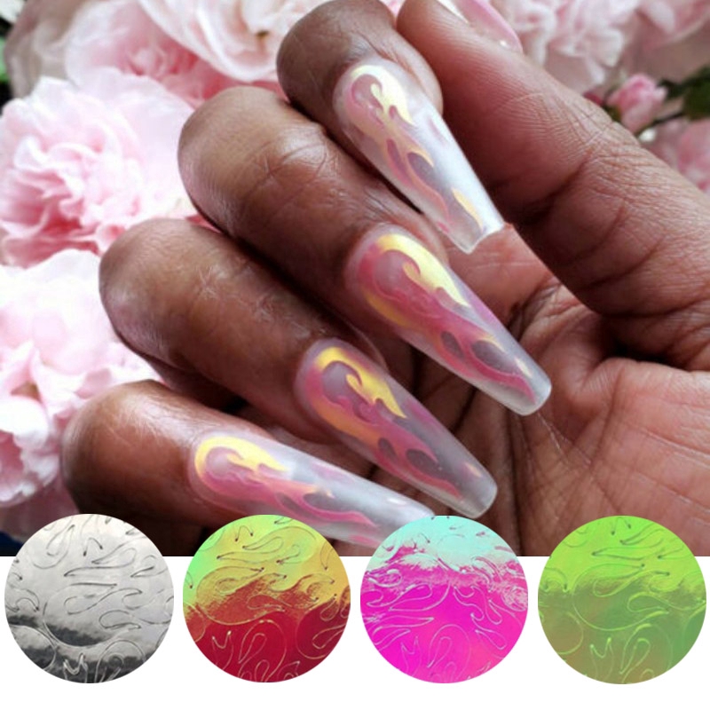 [Hàng mới về] Set 16 tờ miếng dán trang trí móng tay nghệ thuật kiểu dáng ngọn lửa hiệu ứng lập thể thời trang