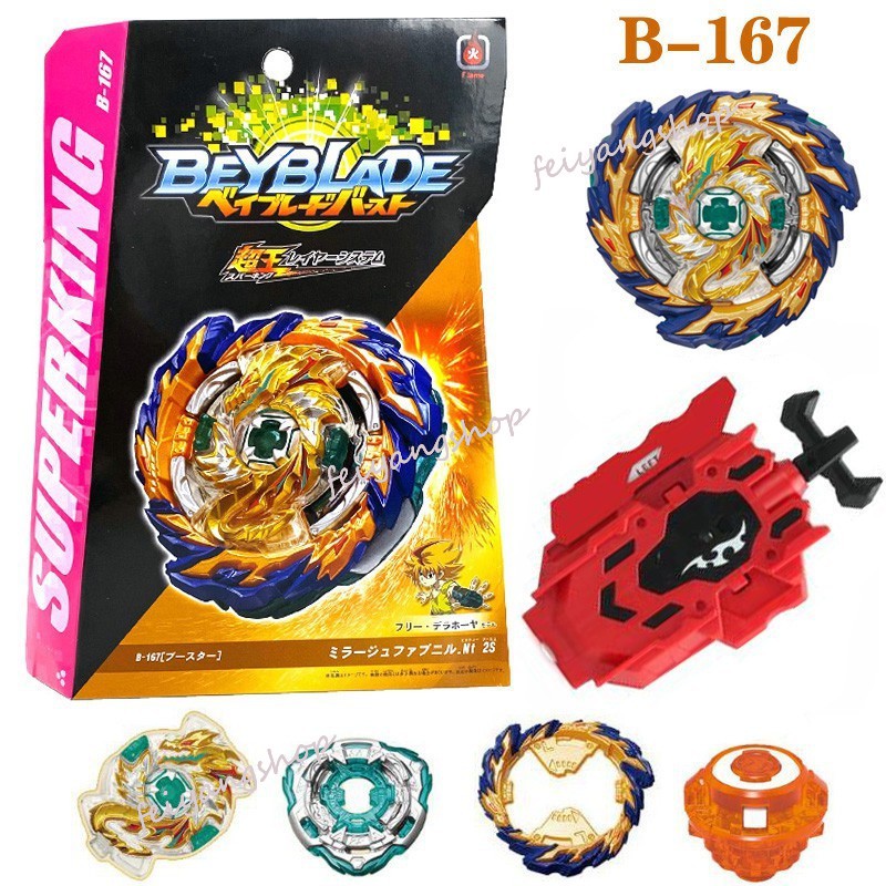 Beyblade Burst B-176 Superking Hollow Deathscyther B-175 Lucifer The End B-173 Infinite AchillesB-172 World B-171 Tempest Dragon B-167 Sparking SuperKing Booster Mirage Fafnir