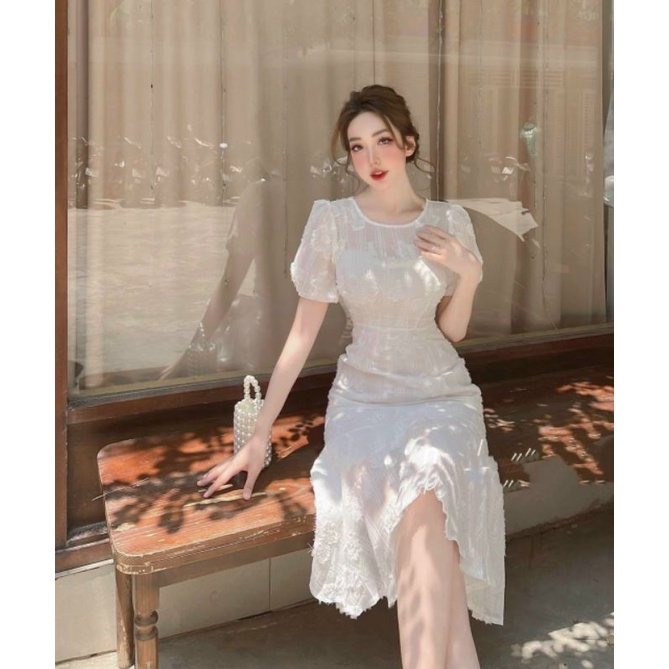 Đầm midi trắng đuôi cá hoa nổi Fansy Dress