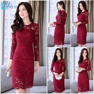 Đầm ren ôm váy đầm nữ cao cấp cổ tròn tay dài màu đỏ đô đi dự tiệc công sở dạo phố