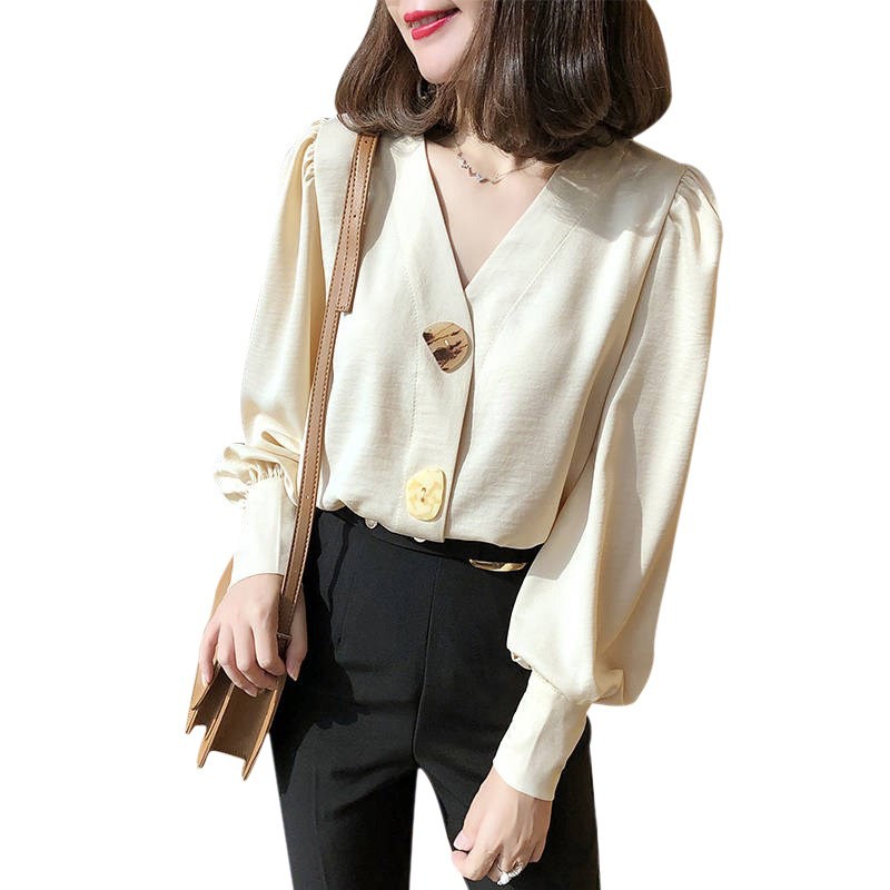 Áo kiểu tay phồng cổ chữ V thiết kế ngọt ngào cho phái nữ