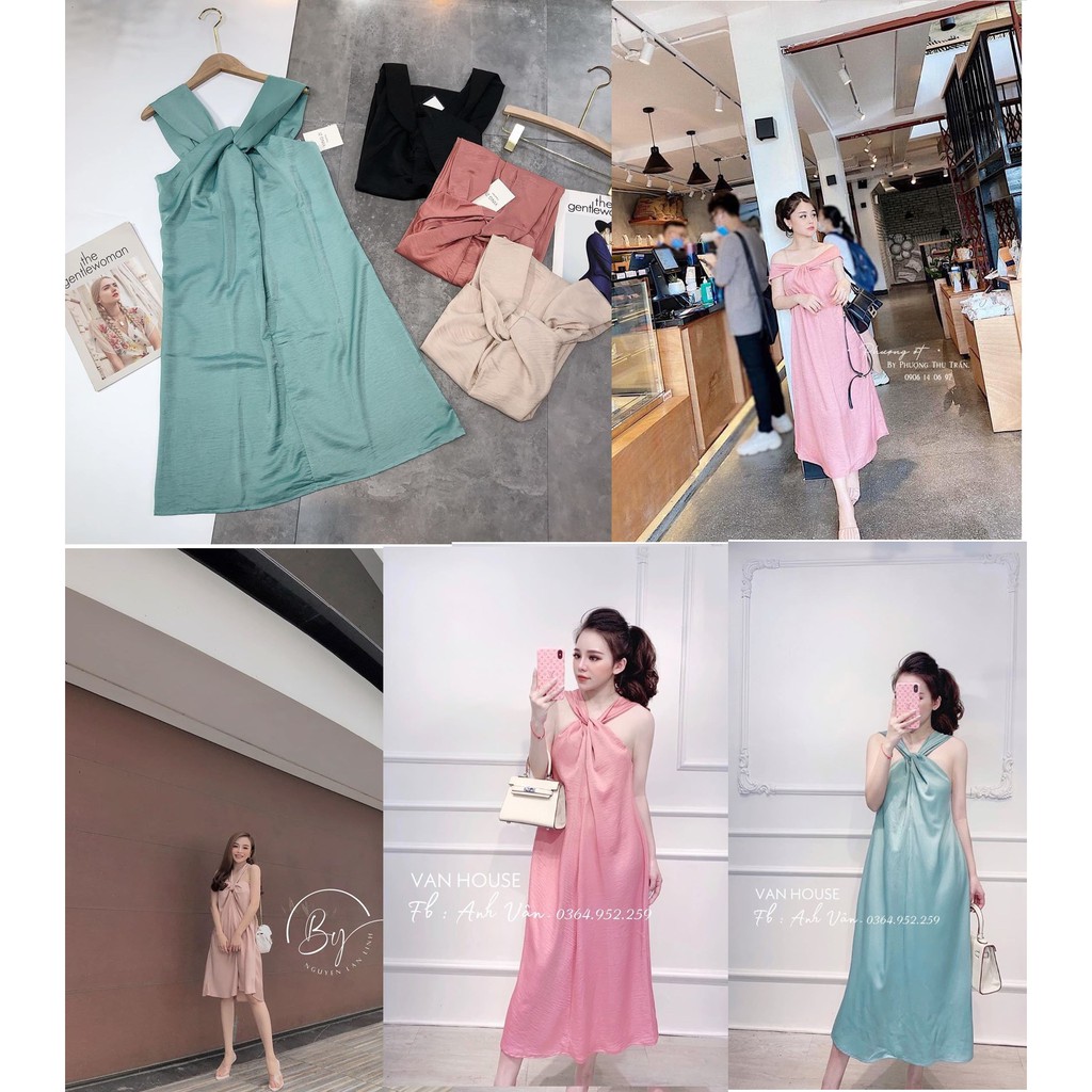Váy Đầm Lụa Gấm Cổ Xoắn Mặc 2 Kiểu Sang Chảnh Sexy, Chất Mềm Mát Thích Lắm Luôn -Y175