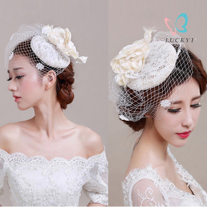 Mũ lưới cô dâu có mạng che mặt hoạ tiết hoa và lông vũ