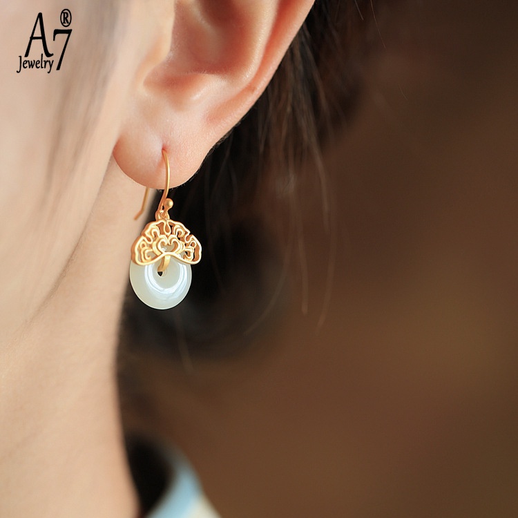 Bông Tai Bạc A7 Đính Đá Ngọc Bích Trắng Phong Cách Retro Trung Quốc