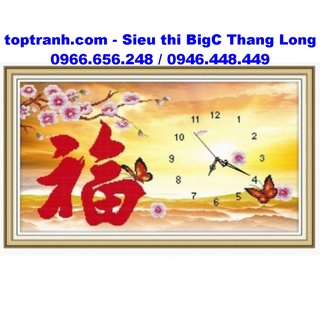 Tranh thêu chữ thập đồng hồ chữ phúc tiếng hán cành hoa đào chưa thêu