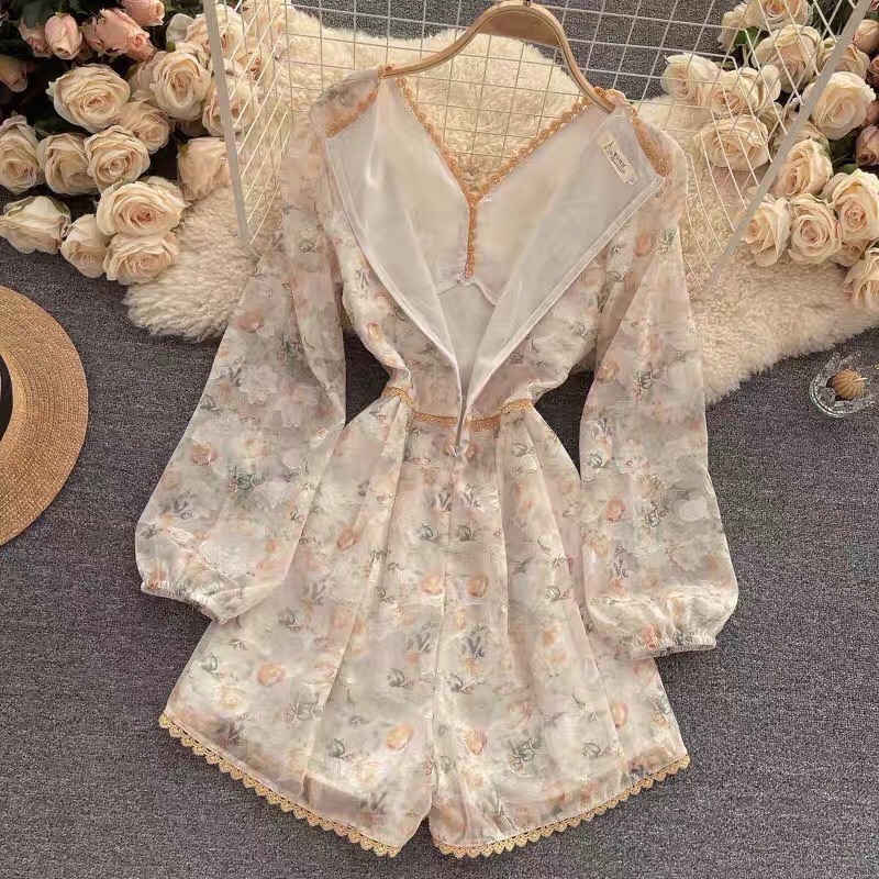 [HÀNG ORDER] Jumpsuit ngắn hoa hoa tiểu thư cổ v tay dài bồng Quảng Châu