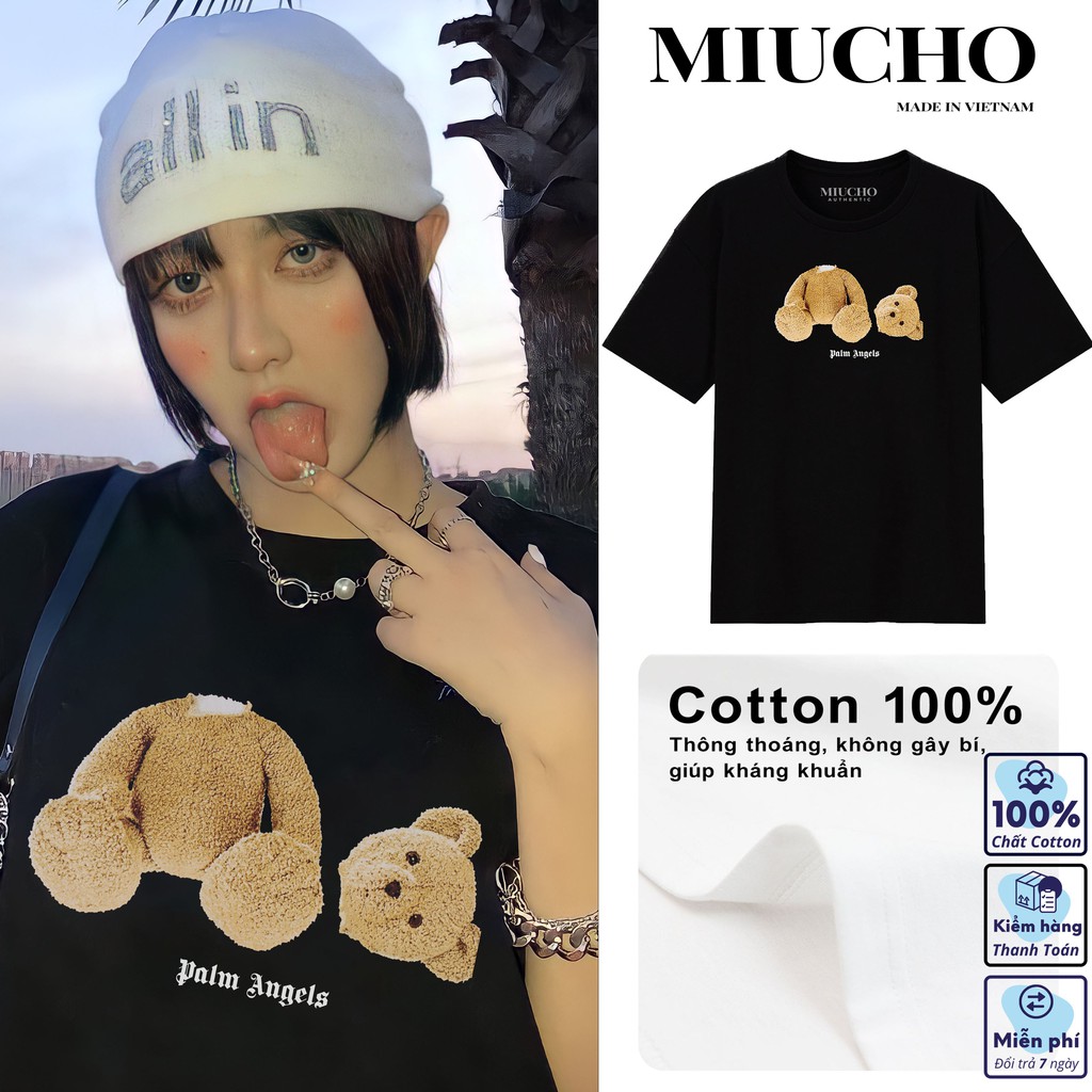Áo phông palm angels form rộng tay lỡ đẹp, áo thun palm angels form rộng tay lỡ unisex cotton AT106 Miucho in logo