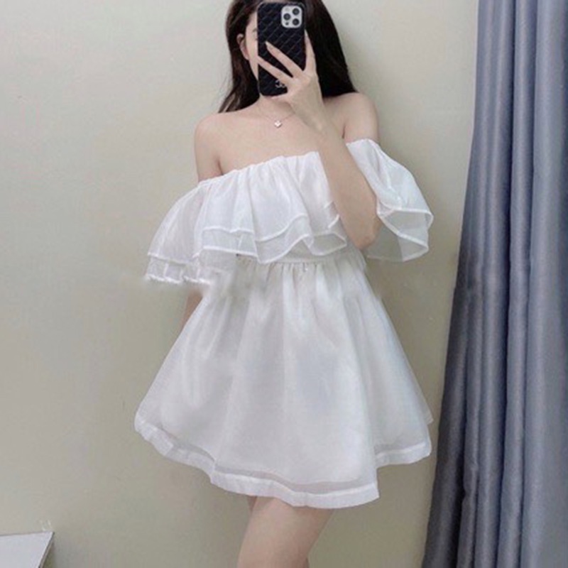 Đầm xòe nữ dáng ngắn thiết kế trễ vai voan tầng HNL306, váy hàn quốc thiết kế dự tiệc bánh bèo