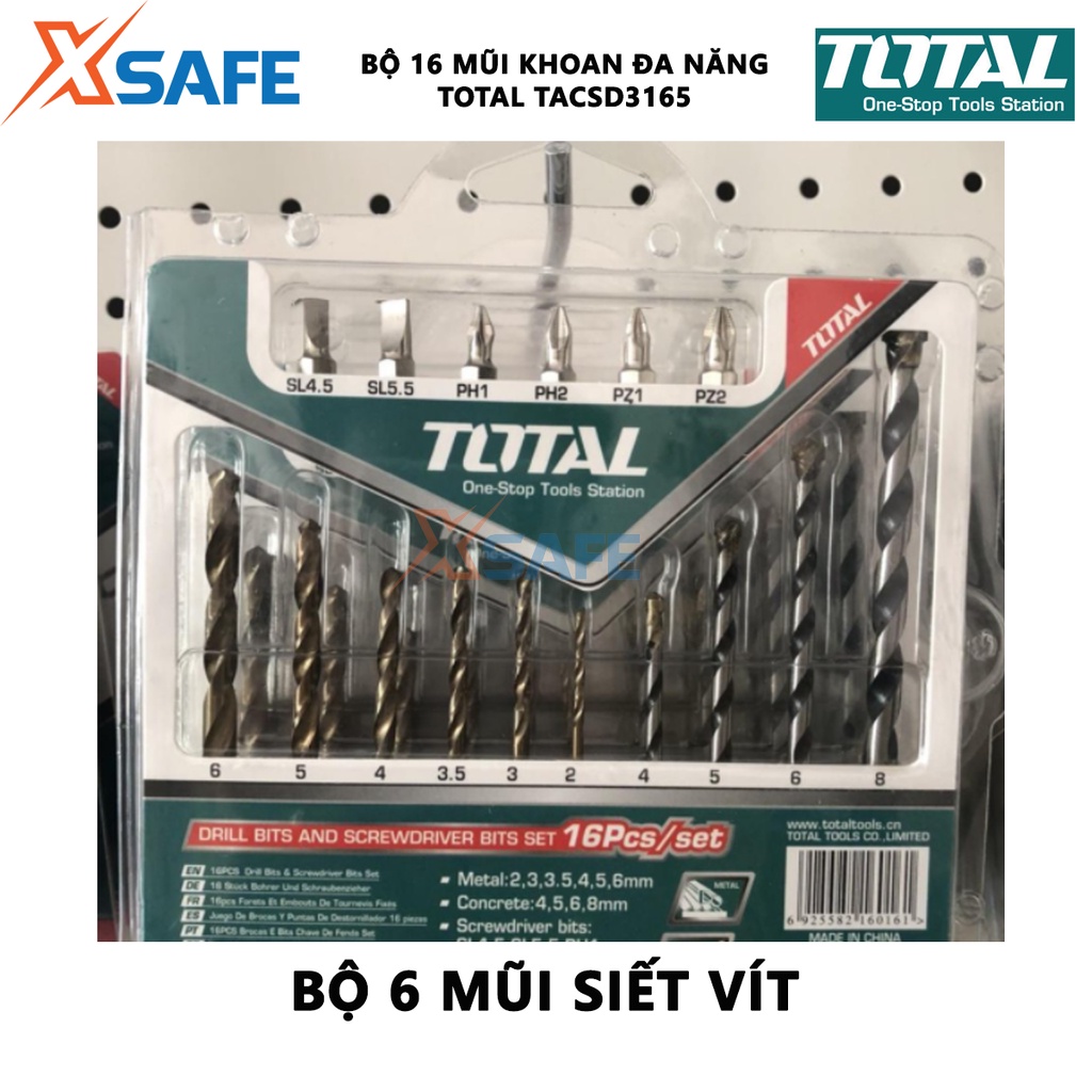 Bộ 16 mũi khoan bê tông và đầu bắn vít TOTAL TACSD3165 gồm 6 mũi khoan xoắn, 4 mũi khoan bê tông, 6 mũi siết vít