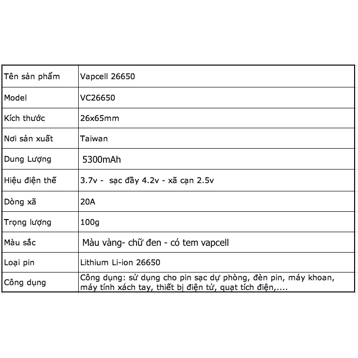 [P66] Pin sạc 26650 Vapcell G53 dung lượng 5300mah xã 20A