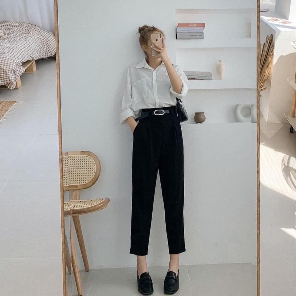 ÁO SƠ MI NỮ OVERSIZE VIỀN CHỈ NỔI DÁNG RỘNG TÚI NGỰC - ÁO SOMI TRẮNG ĐEN STYLE HÀN QUỐC