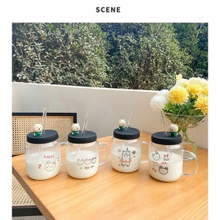 [ẢNH THẬT] LY CỐC THỦY TINH CÓ NẮP quà tặng họa tiết gấu dễ thương combo kèm nắp đậy, ống hút thủy tinh, 500ml - CÓ SẴN