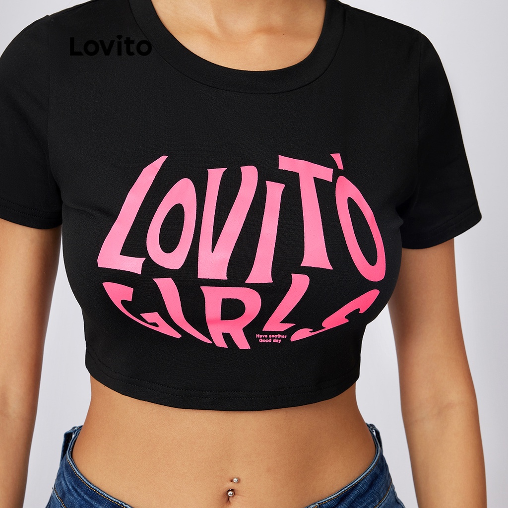 Lovito Phi hành đoàn Thư thường Áo phông Crop Tay ngắn Tay ngắn L21AS086 (Đen)