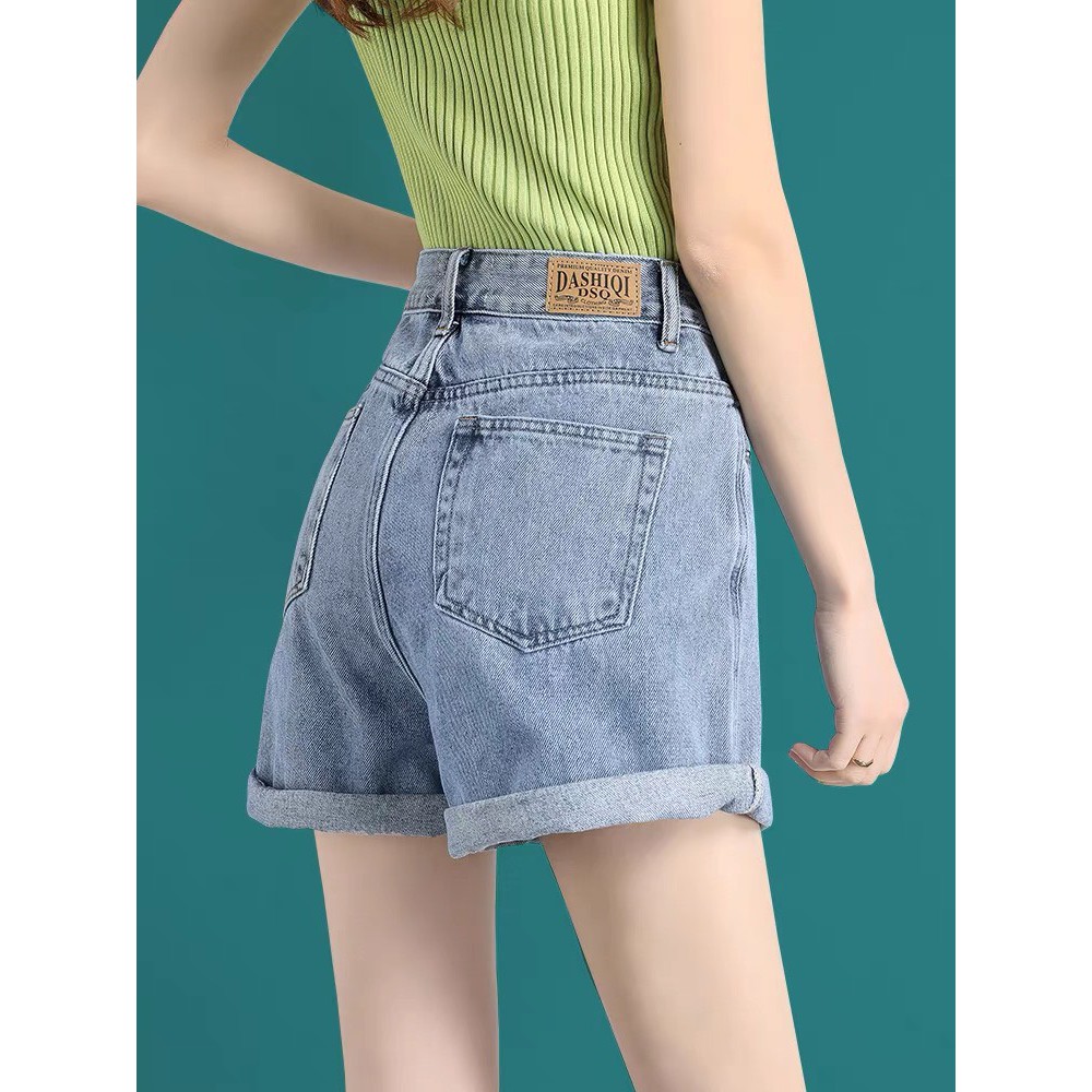 Quần short jean nữ BigSize lưng cao trên rốn, co dãn mạnh, xăn lai, màu xanh nhạt rách kiểu dành cho người mập 3868