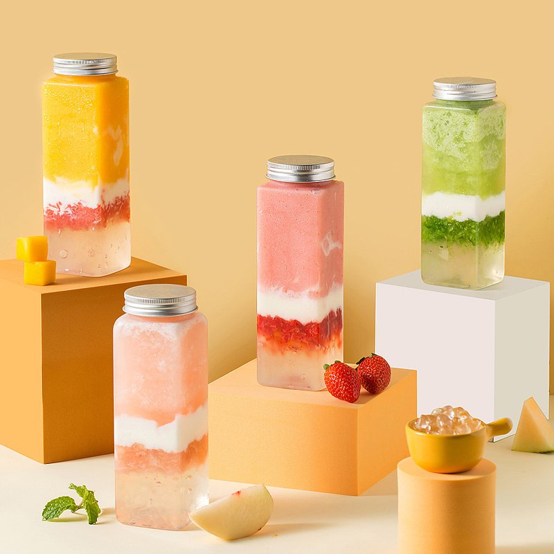Bình chai nhựa PET hình vuông nắp nhôm 350m 500ml 600ml đựng trà sữa, nước ép hoa quả siêu xinh