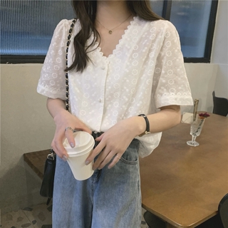 Áo nữ tay ngắn cổ chữ v thêu hoa phong cách retro 43272