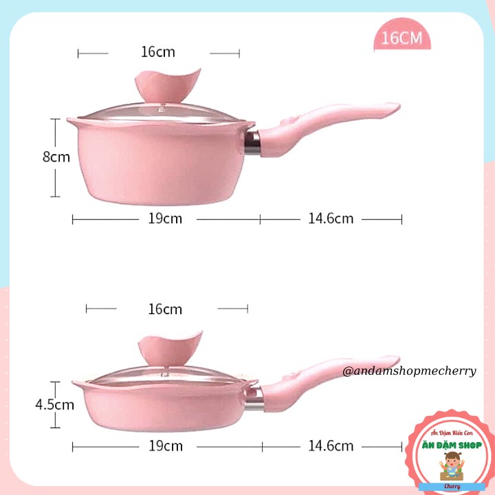 Bộ nồi chảo đá men hình hoa 16cm cho bé ăn dặm☘️Tặng xửng hấp☘️ giành cho mọi loại bếp
