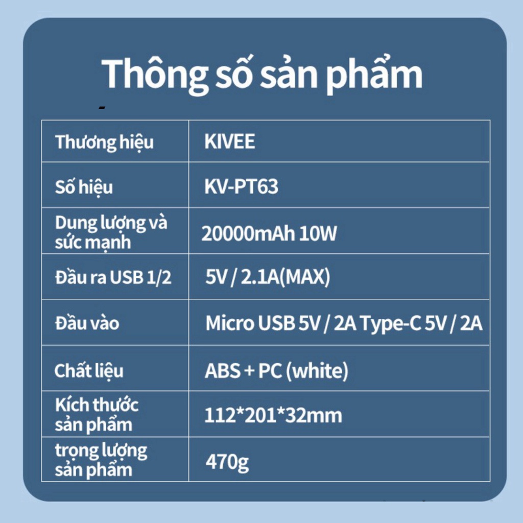 Sạc Dự Phòng Kivee 20000mAh 10000mAh Siêu Bền Tích Hợp Đèn LED Báo Pin Cho iPhone Huawei Samsung OPPO Vivo Xiaomi