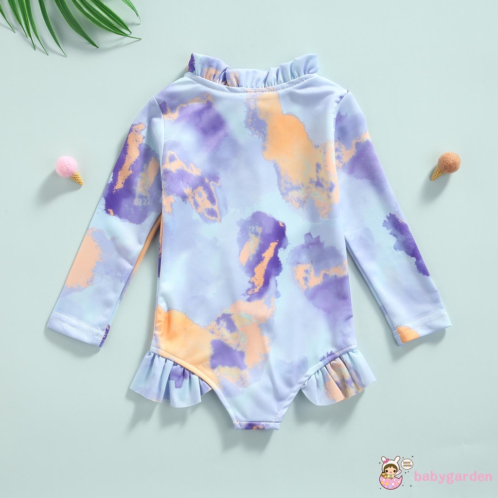 Bộ Đồ Bơi Liền Thân Tay Dài Cổ Tròn Màu Nhuộm Có Khóa Kéo Và Diềm Xếp Nếp Cho Bé Gái