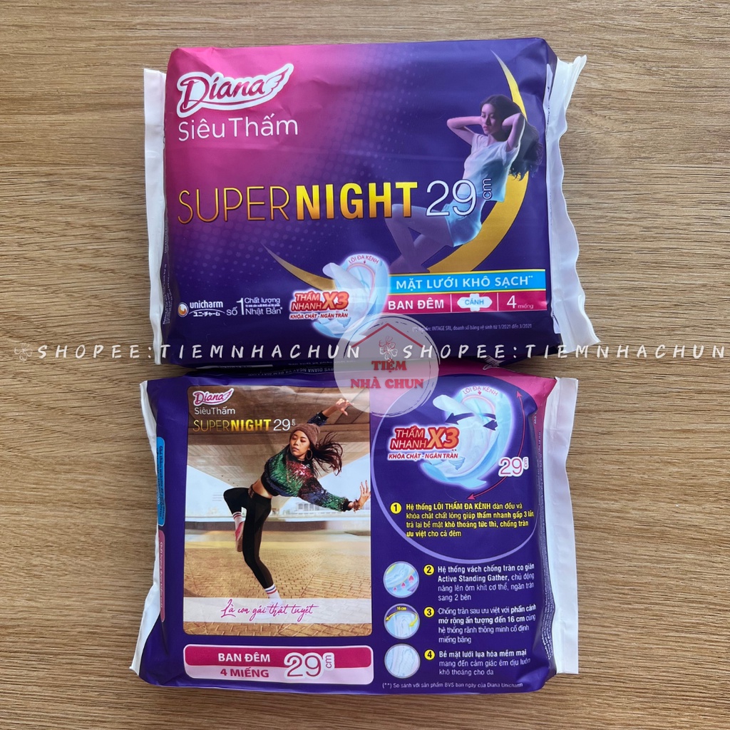 Gói 4 Miếng và Gói 12 Miếng Băng Vệ Sinh Diana Super Night Siêu Thấm Có Cánh