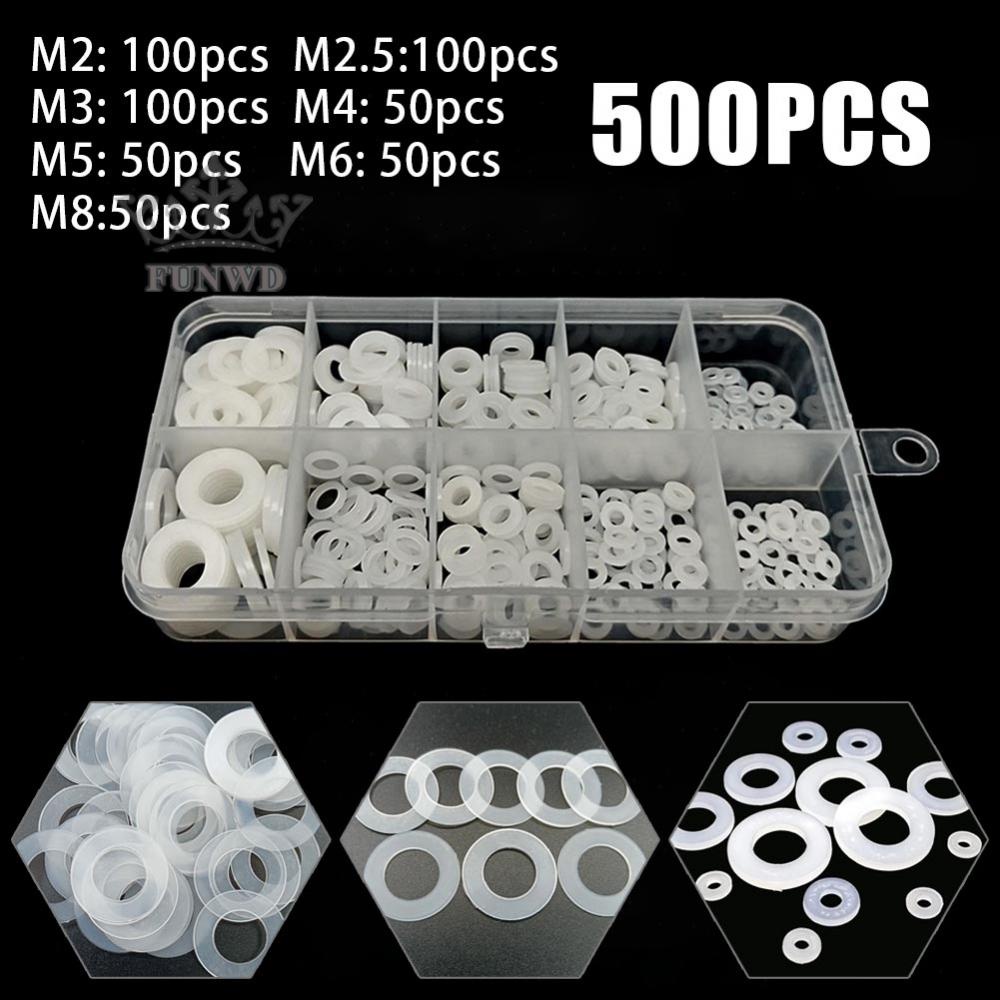 【FUNWD】500PCS Nylon Flat Washer Assortment Kit M2 M2.5 M3 M4 M5 M6 M8 Screw/Bolt