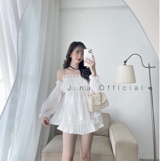 Áo trễ vai voan nhũ - Chân váy xoè tầng xếp ly trắng