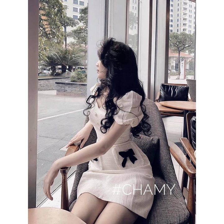 VÁY DẠ TWEET CÚC ĐỒNG VIỀN CỔ TIM NƠ TÚI - Hình thật - Az888shop