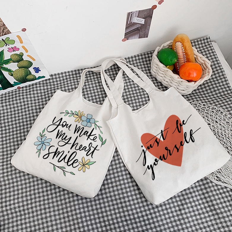 Túi tote xách vai vải canvas giá rẻ You Make My Heart Smile phong cách ulzzang hàn quốc
