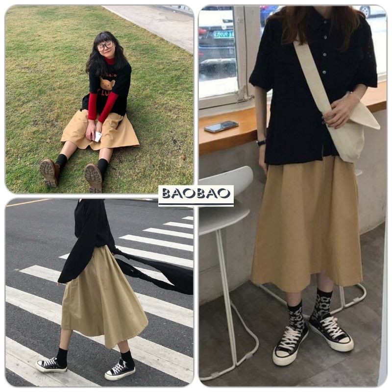 Chân Váy Dáng Dài Qua Gối Màu Be - BaoBao.Clothing [FREESHIP] - Váy midi suông trơn cạp cao lưng chun chât kaki Ulzzang