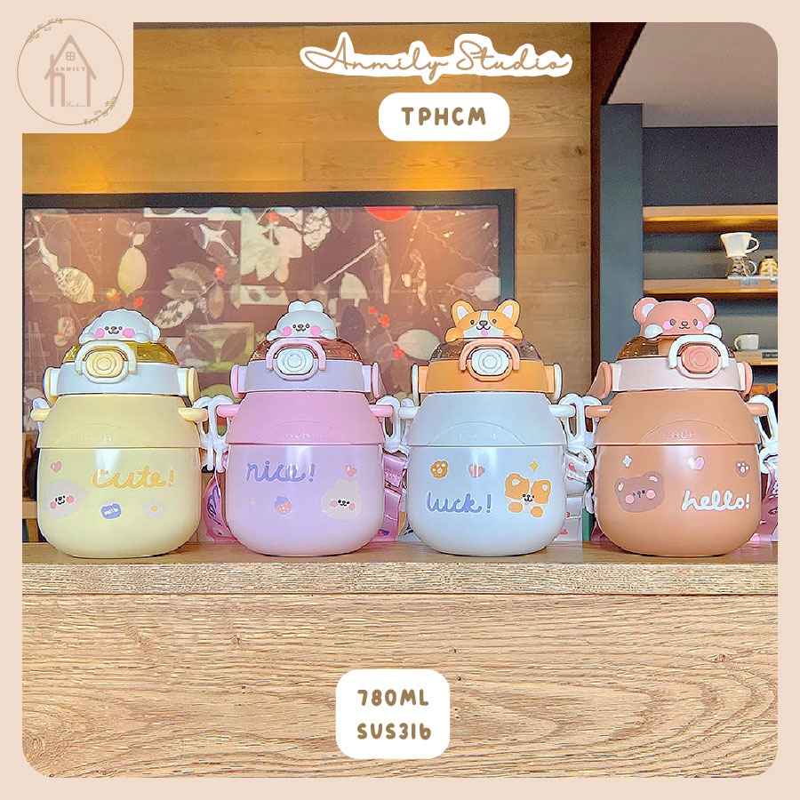 Bình giữ nhiệt cute ANMILY CUP 780ml  hình dáng dễ thương có ống hút kèm theo thép không rỉ SUS316 cao cấp