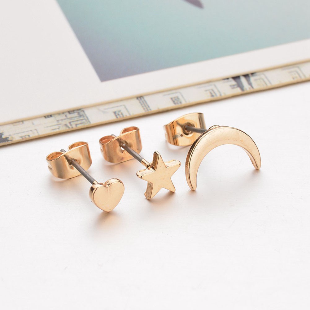 Set 3 Khuyên Tai Mạ Vàng / Bạc Hình Trăng Sao / Trái Tim Dễ Thương
