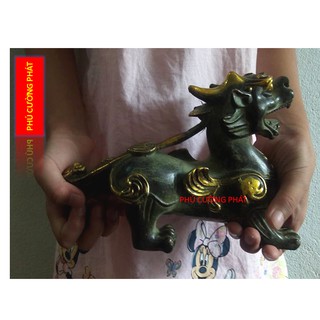Tượng Tỳ hưu đồng lên men xanh giả cổ - Chất liệu bằng đồng thau nặng 1200g dài 20cm cao 14cm