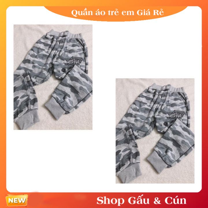 Quần nỉ cho bé trai lót lông bên trong, phối rằn ri in hình in chữ , gấu bo cạp đẹp 16-27kg