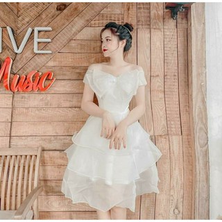 váy trễ vai nơ ngực 3 tầng