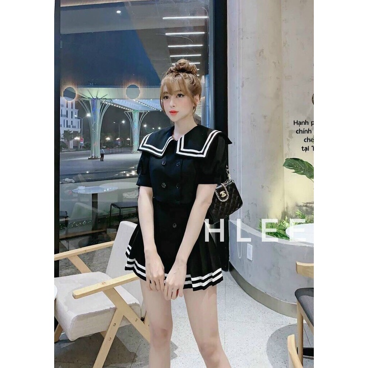 Sét váy tiểu thư dáng áo croptop cổ thời trang phối viền kẻ đen mix với chân váy xòe xếp li siêu xinh 2 màu đen và trắng