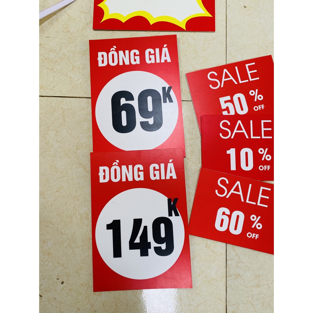 Biển sale, biển đồng giá mọi khoảng giá, in 2 mặt kích thước A4 fomex 3mm