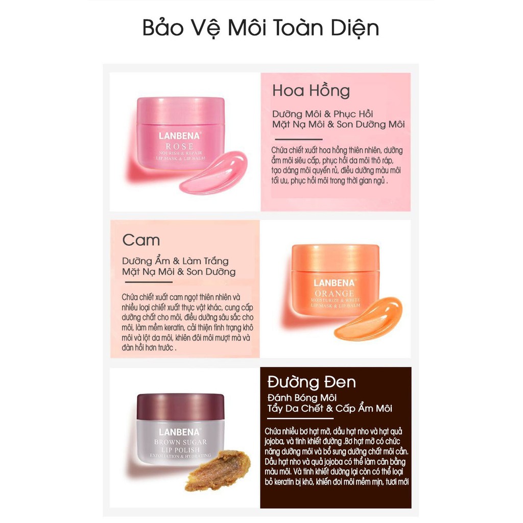 [Ship Toàn Quốc] LANBENA Mặt Nạ Môi Son Dưỡng Môi Đường Nâu/Cam/Hoa Hồng LIP MASK&amp;LIP BALA