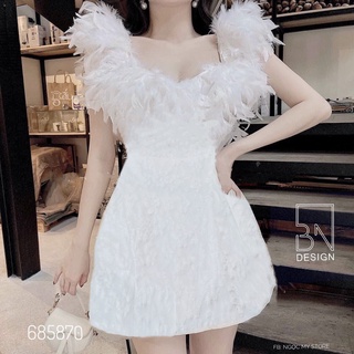 ĐẦM GẤM TRẮNG PHỐI LÔNG 2 VAI 190722
