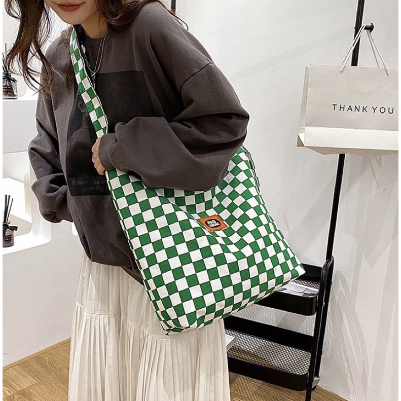 Túi tote Túi vải canvas hoạ tiết caro phong cách Hàn Quốc có khoá kéo T41