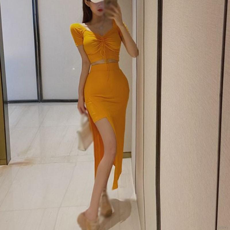 Bộ Áo Thun Dáng Ôm Cổ Chữ V + Chân Váy Xẻ Tà Quyến Rũ Phong Cách Hàn Quốc Cho Nữ