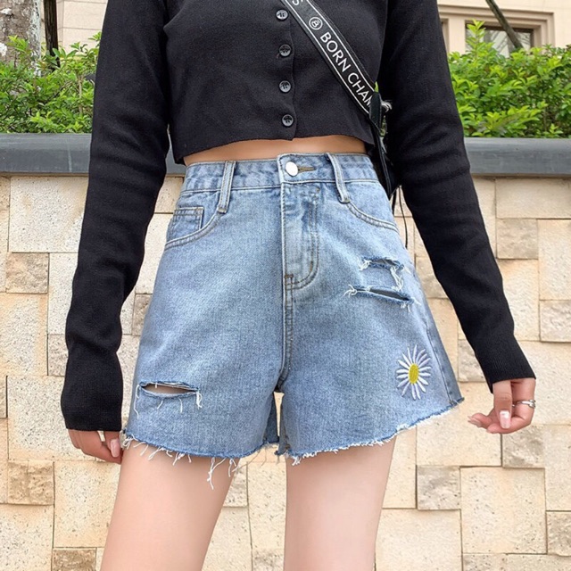 Quần short jean nữ Big Size lưng cao, co dãn mạnh, thêu hoa cúc hot trend 3453