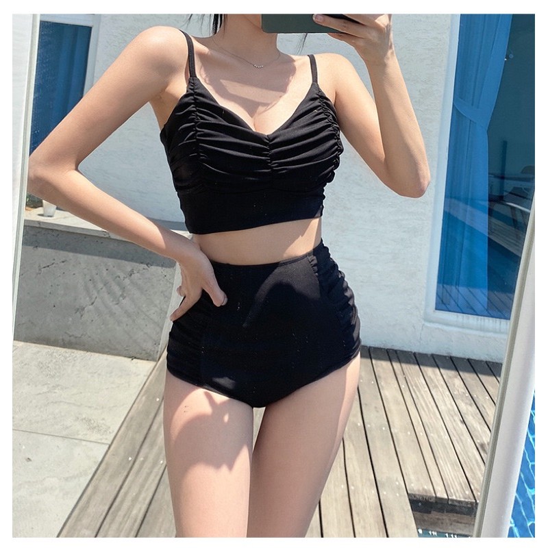 [HÀNG QUẢNG CHÂU] Bikini 2 mảnh lưng cao màu đen áo nhún ngực cá tính