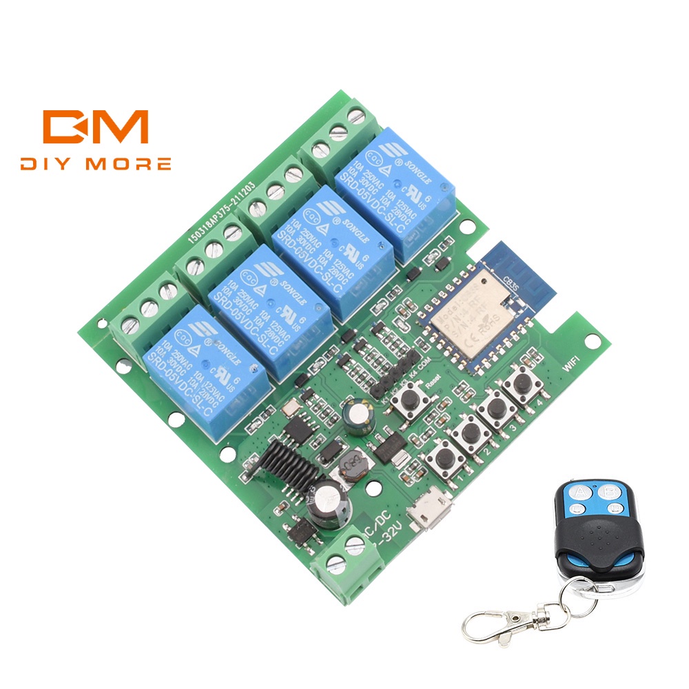 DIYMORE Mô đun chuyển tiếp USB5V/DC7-32V 4 kênh điều khiển WIFI từ xa điều khiển từ xa tần số vô tuyến 433MHZ